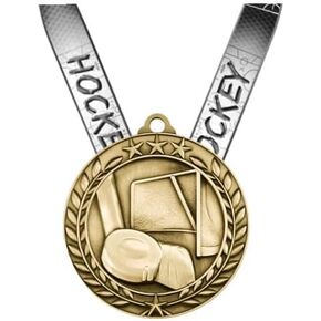 Decade Awards Hockey Wreath Medal - Gold | Gold Hockey Medal with 2 Ribbon Options - 2.75 Inch Wide
