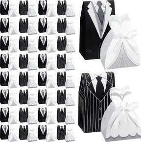 Thenshop 200 Pcs Wedding Favor Boxes Small Wedding Party Favor Boxes Bride and Groom Favor Boxes Dress Tuxedo Candy Gift Box with Ribbon for Guests Bridal Shower Anniversary Supplies, Black and White