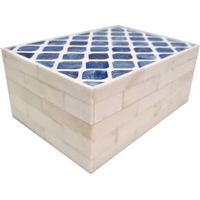 collectiblesBuy Hand Carved Bone Inlay Decorative Box Rectangular Traditional Storage Jewelry Keepsake Organizer Moorish Morocco Design Blue & White
