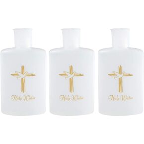 Needzo Mini Holy Water Storage Bottles with Gold Tone Dove and Cross Details Screw Top Lid Holds 4 oz Liquid, Set of 3