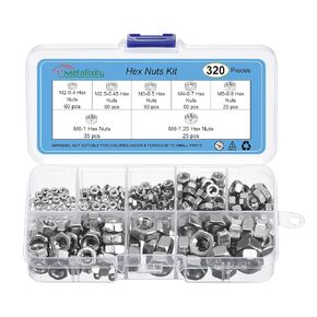 METALLIXITY Hex Nuts Assortment Kit (M2-0.4, M2.5-0.45, M3-0.5, M4-0.7, M5-0.8, M6-1, M8-1.25) 320Pcs, 304 Stainless Steel Hexagon Nut Hardware