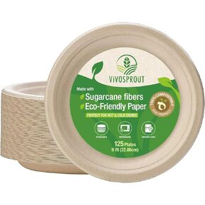 Disposable Compostable Paper Plates 9 Inch [125-Pack], Heavy Duty, Eco-Friendly made with Biodegradable Bagasse for Parties and Picinic, (Natural-Brown)