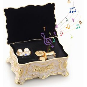 ROSIKING White Rectangle Emboss Alloy Metal Music Box Wind Up Antique Jewelry Musical Boxes Christmas Birthday Valentine's Day Gifts Plays Fur Elise