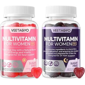 Multivitamin for Women AM & PM - Melatonin Free with w/Algae Calcium,Omega-3,Vitamin D3K2,Magnesium for Energy & Relaxation,Rest,Skin,Hair Support - Sugar Free, 24-Hour Support, Vegan,120 Count