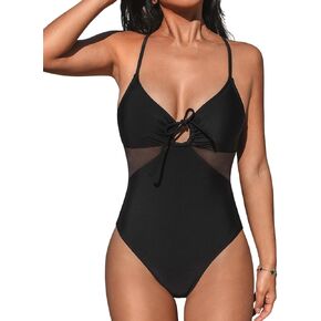 CUPSHE Women's One Piece Swimsuit V Neck Bathing Suit Front Keyhole Tie Crisscross Back Ruched Mesh Adjustable Straps