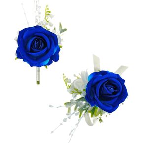 Royal Blue White Corsage and Boutonniere Set for Wedding Prom, Artificial Rose Flower Wrist Corsage Bracelets, Homecoming Corsage Wristlet, Boutonniere for Men Wedding Suit Decorations