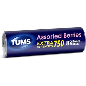 TUMS Extra Strength Assorted Berries Antacid Tablets for Heartburn Relief, 8 Count Roll