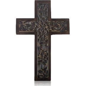 Wooden Religious Catholic Crucifix Cross Wall Hanging French Plaque Floral Carvings Living Room Home Decor Accent Church Chapel Altar Wall Art Decor Display Antiqued Rustic Finish (12 (L) x 8 (W)