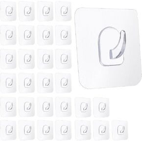 30PCs Clear Adhesive Wall Hooks for Hanging, Transparent Sticky Hooks for Wall No Damage, Acrylic Self Adhesive Utility Hooks Siding Heavy Duty Hook for Kitchen Bathroom Shower Bedroom Office