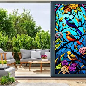 Stained Glass Window Film Privacy Frosted Window Film Self Adhesive Hummingbird Window Privacy Film Decorative Window Stickers Static Cling UV Blocking for Home Office Bathroom