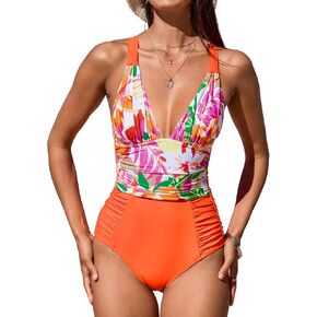 CUPSHE Women's One Piece Swimsuit Bathing Suit Tummy Control Plunging Neck Crisscross Back Self Tie Cutout Ruched