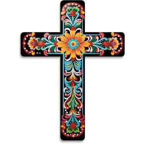 Putuo Decor Floral Cross Wall Decor Hand Painted Decorative Wooden Inspirational Cross Spanish Style Wall Cross Decor Mexican Art Wall Decor Crucifix for Home Room Church Decoration
