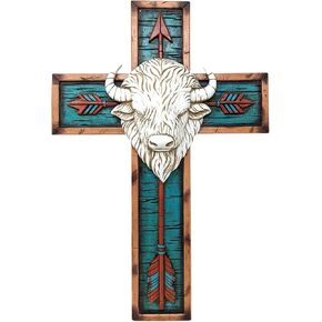 BestGiftEver Native American Decor White Bison Arrow Wall Cross - Rustic Tribal Wall Hanging with American Buffalo - Religious Native American Cross Decor, Christian Wall Art, Wooden Crucifix Ornament