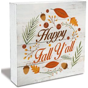 Rustic Happy Fall Y'all Wood Box Sign Fall Autumn Wooden Box Sign Halloween Sign Farmhouse Home Desk Shelf Decor (5 X 5 Inch)