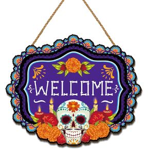 Day of The Dead Decorations Dia De Los Muertos Wooden Door Sign Mexican Sugar Skull Marigolds Floral Decor Day of The Dead Decorations for Home Party