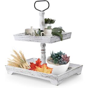 Wooden 2 Tiered Tray Stand - White Rustic Fruits Food Serving Trays with Handles, Rectangle Farmhouse Tiered Tray Decor for Kitchen, Home, Party, Daily