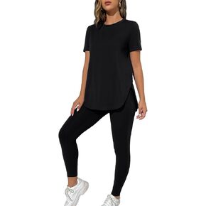 MakeMeChic Women's Casual Solid 2 Piece Short Sleeve Split Hem Tee Tops and Skinny Pants Leggings Set