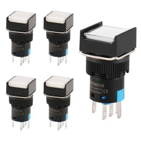 Baomain 5/8" 16mm Latching Push Button Switch Square Cap LED Lamp White Light DC 24V SPDT 5 Pin Pack of 5