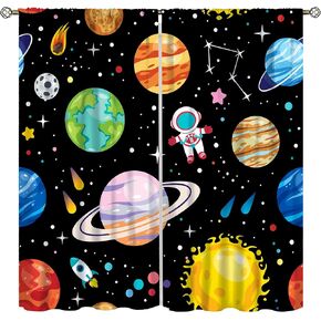 Kids Astronaut Curtains, Cartoon Cute Funny Universe Galaxy Moon Rocket Alien Spaceman Decor Window Treatments, Thermally Insulated Drapes For Boys Nursery Childcare Bedroom Living Room 42x45in