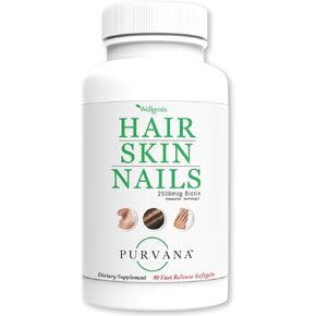 Wellgenix Purvana Hair, Skin, and Nails - One a Day Softgel - 2500mcg Biotin, DMAE, MSM, Horsetail, Grape Seed Extract - Anti Aging, PCOS & Postpartum Hair Growth, Strong Nails (90 Count)