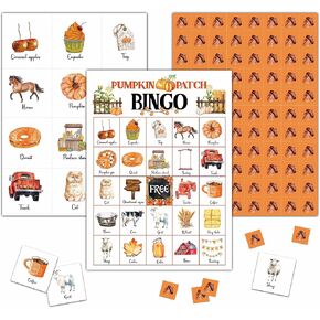 لعبة Pumpkin Bingo - بطاقة Fall Harvest Bingo - مجموعة ألعاب Bingo مكونة من 24 لاعبًا للأنشطة الداخلية والخارجية - لوازم هدايا الهالوين وحفلات عيد الشكر -A10