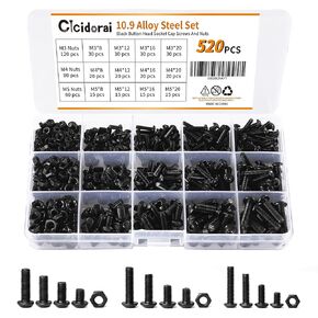 720Pcs M3 M4 M5 M6 12.9 Grade Alloy Steel,Hex Socket Head Cap Screws Bolts,Flat Washers & Nuts Black Screw Assortment Kit,Black Oxide Finish
