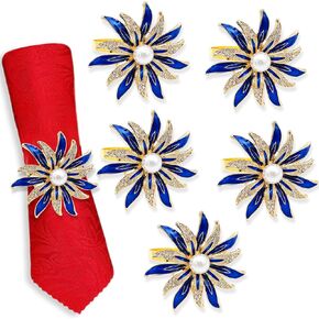 Napkin Rings Set of 6, Blue Rhinestone Flowers Napkin Rings Table Decorations for Dining Room, Napkin Button for Party, Weddings, Anniversaries, Easter Decoration