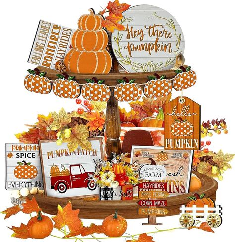 Thanksgiving Tiered Tray Decor Set Pumpkin Wooden Home Decorations Rustic Farmhouse Pumpkin Truck Wooden Sign Spice Blocks Autumn Wooden Sign for Festival Gift Tabletop (Pumpkin) in Saudi Arabia