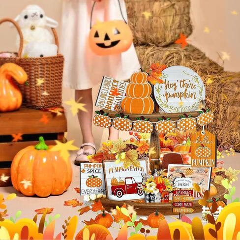 Thanksgiving Tiered Tray Decor Set Pumpkin Wooden Home Decorations Rustic Farmhouse Pumpkin Truck Wooden Sign Spice Blocks Autumn Wooden Sign for Festival Gift Tabletop (Pumpkin) in Saudi Arabia
