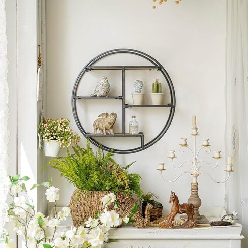 Industrial Style Round Wall Shelves, 3 Tier Decorative Floating Ledge Shelves, Wall Mounted Metal Bracket Wooden Display Hanging Shelf in Saudi Arabia