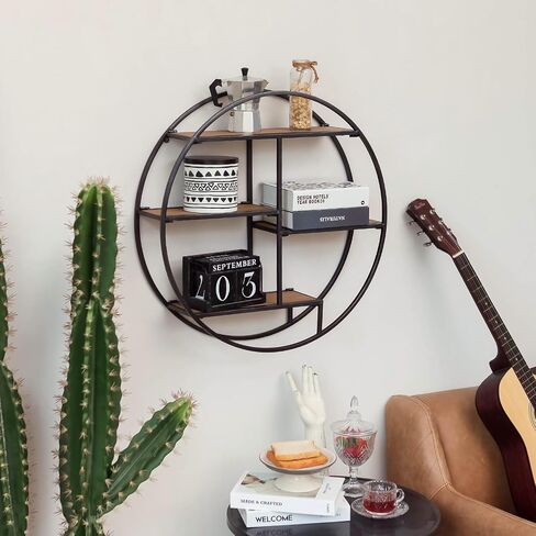 Industrial Style Round Wall Shelves, 3 Tier Decorative Floating Ledge Shelves, Wall Mounted Metal Bracket Wooden Display Hanging Shelf in Saudi Arabia