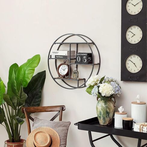 Industrial Style Round Wall Shelves, 3 Tier Decorative Floating Ledge Shelves, Wall Mounted Metal Bracket Wooden Display Hanging Shelf in Saudi Arabia