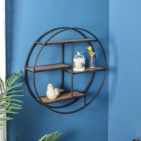 Industrial Style Round Wall Shelves, 3 Tier Decorative Floating Ledge Shelves, Wall Mounted Metal Bracket Wooden Display Hanging Shelf in Saudi Arabia