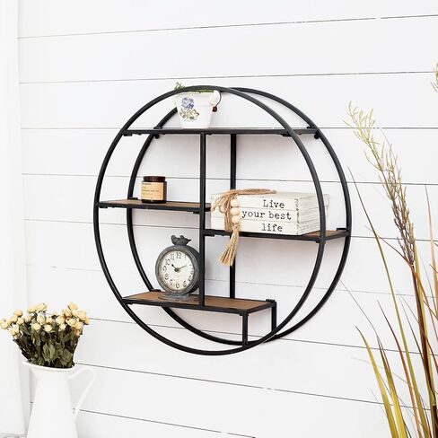 Industrial Style Round Wall Shelves, 3 Tier Decorative Floating Ledge Shelves, Wall Mounted Metal Bracket Wooden Display Hanging Shelf in Saudi Arabia