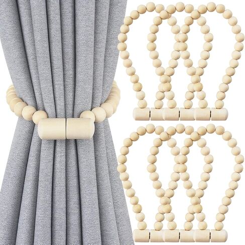 Magnetic Curtain Tiebacks, Wood Curtain Tie Backs for Curtains, Boho Curtain Holders for Drapes, Window Treatment Holdbacks for Bedroom Decor, Natural 4 Pack in Kuwait