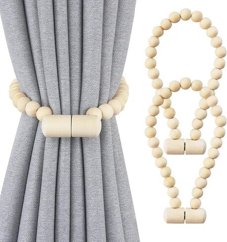 Magnetic Curtain Tiebacks, Wood Curtain Tie Backs for Curtains, Boho Curtain Holders for Drapes, Window Treatment Holdbacks for Bedroom Decor, Natural 4 Pack in Kuwait
