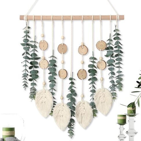 KHOYIME Artificial Eucalyptus Wall Hanging Faux Greenery Decor with Fake Eucalyptus Stems Plants Wooden Stick Macrame Leaves Boho Chic Bohemian Home Wall Art for Nursery Living Room Bedroom Bathroom in Kuwait
