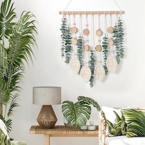 KHOYIME Artificial Eucalyptus Wall Hanging Faux Greenery Decor with Fake Eucalyptus Stems Plants Wooden Stick Macrame Leaves Boho Chic Bohemian Home Wall Art for Nursery Living Room Bedroom Bathroom in Kuwait