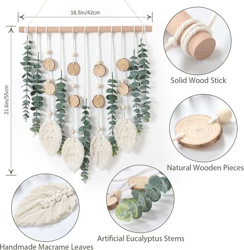 KHOYIME Artificial Eucalyptus Wall Hanging Faux Greenery Decor with Fake Eucalyptus Stems Plants Wooden Stick Macrame Leaves Boho Chic Bohemian Home Wall Art for Nursery Living Room Bedroom Bathroom in Kuwait