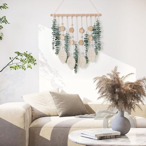 KHOYIME Artificial Eucalyptus Wall Hanging Faux Greenery Decor with Fake Eucalyptus Stems Plants Wooden Stick Macrame Leaves Boho Chic Bohemian Home Wall Art for Nursery Living Room Bedroom Bathroom in Kuwait