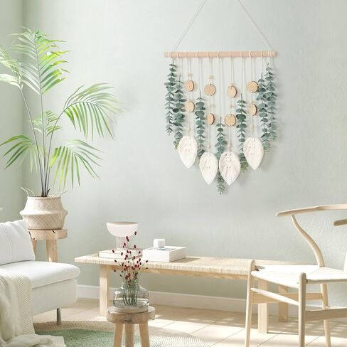 KHOYIME Artificial Eucalyptus Wall Hanging Faux Greenery Decor with Fake Eucalyptus Stems Plants Wooden Stick Macrame Leaves Boho Chic Bohemian Home Wall Art for Nursery Living Room Bedroom Bathroom in Kuwait