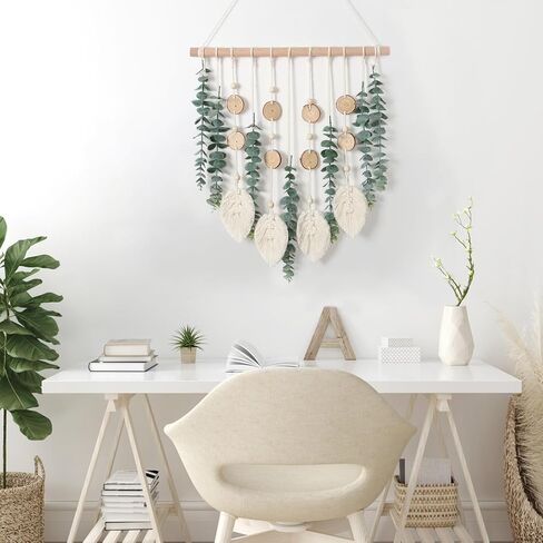 KHOYIME Artificial Eucalyptus Wall Hanging Faux Greenery Decor with Fake Eucalyptus Stems Plants Wooden Stick Macrame Leaves Boho Chic Bohemian Home Wall Art for Nursery Living Room Bedroom Bathroom in Kuwait