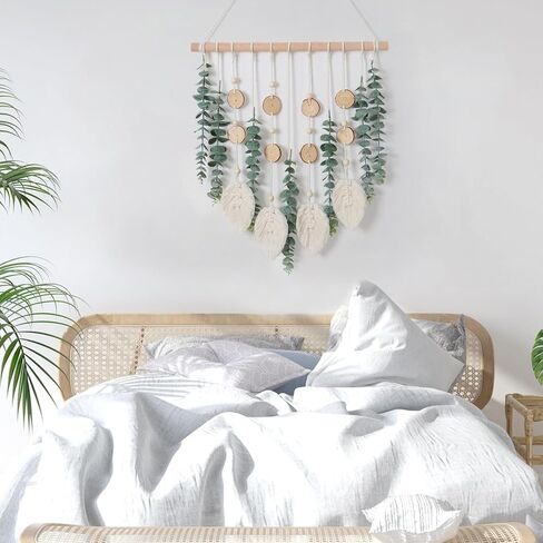 KHOYIME Artificial Eucalyptus Wall Hanging Faux Greenery Decor with Fake Eucalyptus Stems Plants Wooden Stick Macrame Leaves Boho Chic Bohemian Home Wall Art for Nursery Living Room Bedroom Bathroom in Kuwait