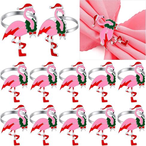 Sliner 12 Pcs Flamingo Napkin Rings Holders Kitchen Dining Table Decoration Flamingo with Santa Hat Wreath Cute Metal Serviette Buckles for Christmas New Year Wedding Party Banquet in Saudi Arabia