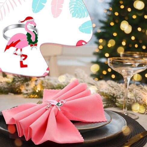 Sliner 12 Pcs Flamingo Napkin Rings Holders Kitchen Dining Table Decoration Flamingo with Santa Hat Wreath Cute Metal Serviette Buckles for Christmas New Year Wedding Party Banquet in Saudi Arabia