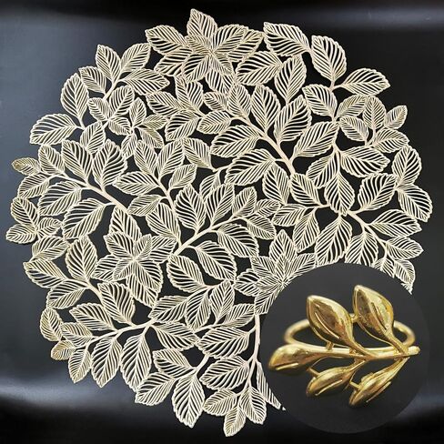 15 Inch Round Gold Placemats and Napkin Rings 12 Pcs Set Vinyl Plastic Table Place Mat Decorative Metallic Gold Napkin Holder for Party Anniversary Kitchen Dinner Table Plate Decor–Leaf in Saudi Arabia
