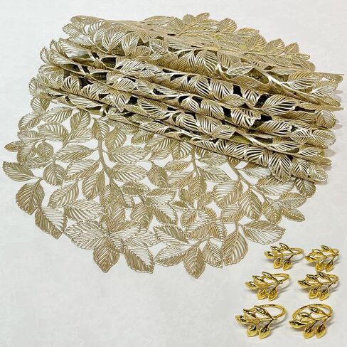 15 Inch Round Gold Placemats and Napkin Rings 12 Pcs Set Vinyl Plastic Table Place Mat Decorative Metallic Gold Napkin Holder for Party Anniversary Kitchen Dinner Table Plate Decor–Leaf in Saudi Arabia