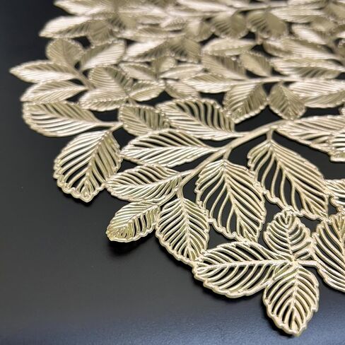 15 Inch Round Gold Placemats and Napkin Rings 12 Pcs Set Vinyl Plastic Table Place Mat Decorative Metallic Gold Napkin Holder for Party Anniversary Kitchen Dinner Table Plate Decor–Leaf in Saudi Arabia