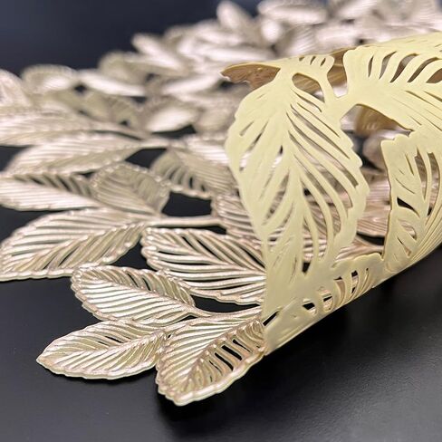 15 Inch Round Gold Placemats and Napkin Rings 12 Pcs Set Vinyl Plastic Table Place Mat Decorative Metallic Gold Napkin Holder for Party Anniversary Kitchen Dinner Table Plate Decor–Leaf in Saudi Arabia