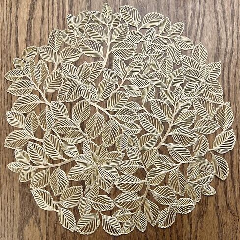 15 Inch Round Gold Placemats and Napkin Rings 12 Pcs Set Vinyl Plastic Table Place Mat Decorative Metallic Gold Napkin Holder for Party Anniversary Kitchen Dinner Table Plate Decor–Leaf in Saudi Arabia